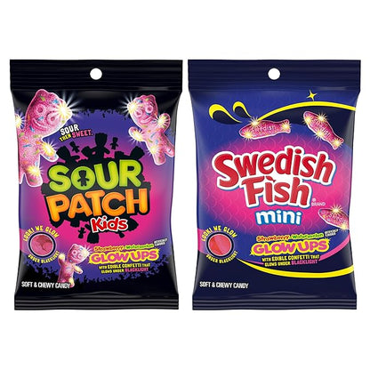 SOUR PATCH KIDS and SWEDISH FISH Mini Glow Ups Strawberry-Watermelon Soft & Chewy Candy Variety Pack, Bulk Candy, 4-6.7 oz Bags