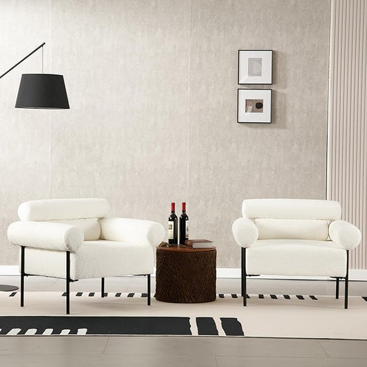 Modern Accent Chairs Set of 2, Boucle Sofa Accent Chairs for Living Room, Oversized Upholstered Sherpa Mid-Century Office Reading Armchairs with Channel Tufted for Bedroom, White