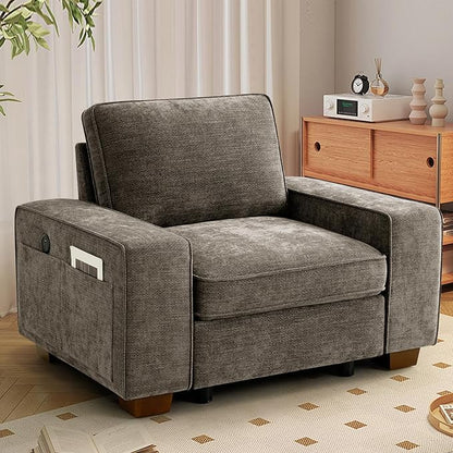 TEKAMON 45" Accent Chair with Seat Storage, Oversized Single Sofa Chair, Modern Chenille Fabric Armchair for Living Room/Office with Wide Armrests, Side Pockets, USB/Washable Covers(Brown)