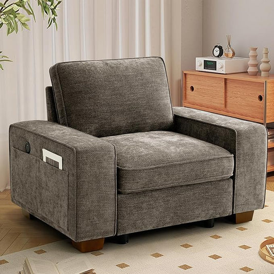 TEKAMON 45" Accent Chair with Seat Storage, Oversized Single Sofa Chair, Modern Chenille Fabric Armchair for Living Room/Office with Wide Armrests, Side Pockets, USB/Washable Covers(Brown)