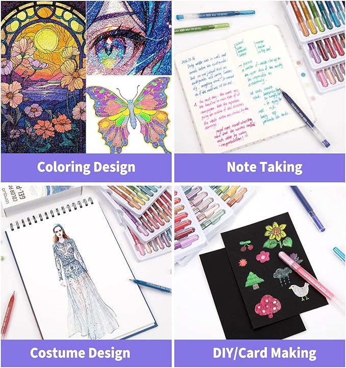 Glitter Gel Pens, 36 Pack Colored Pens for Black Paper & White Paper, 1.0mm Point Pens, Large Capacity Ink Pens for Coloring, Writing, Drawing, Journaling, Note Taking, School, Office, Home