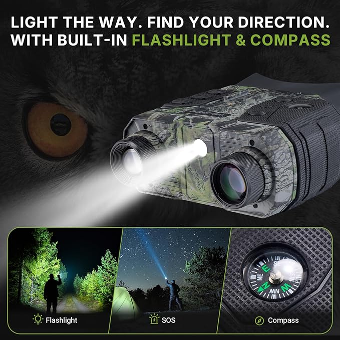 4K Night Vision Goggles – 1300FT Infrared Range, 8X Digital Zoom, Rechargeable 5000mAh Rechargeable Battery, 32GB Card, Tactical Light, for Camping, Camo