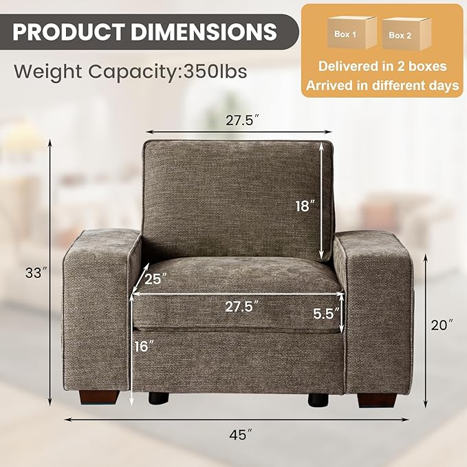 TEKAMON 45" Accent Chair with Seat Storage, Oversized Single Sofa Chair, Modern Chenille Fabric Armchair for Living Room/Office with Wide Armrests, Side Pockets, USB/Washable Covers(Brown)