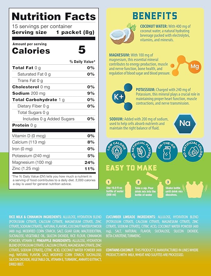 Variety Pack Electrolyte Drink Mix – Pineapple, Horchata & Cucumber Limeade Flavors | Sugar-Free Hydration Powder Packets with Coconut Water & Minerals | 15 Instant Hydration Stick Packs