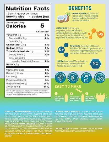 Variety Pack Electrolyte Drink Mix – Pineapple, Horchata & Cucumber Limeade Flavors | Sugar-Free Hydration Powder Packets with Coconut Water & Minerals | 15 Instant Hydration Stick Packs