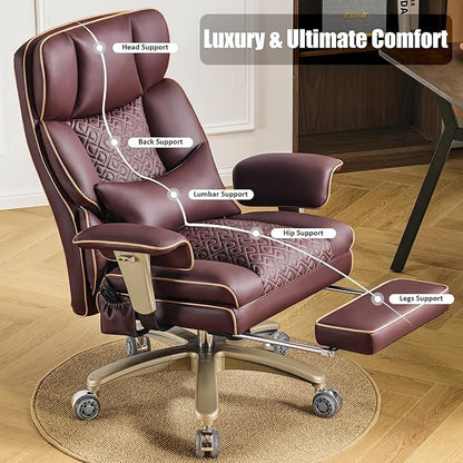 Ergonomic Executive Desk Chair with Adjustable Air Back Support, Luxury PU Leather Office Chair with Lumbar Massage High-Back 3-Level Tilt 360° Swivel Silent Wheels Height Adjustment,Footrest, Brown