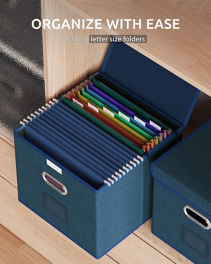 Oterri 2 Pack File Organizer Box,File Box,Small File Cabinet for Letter Folders,Dark Blue Portable Filing Box,Hanging File Folder Organizer with Lid for Office/Decor/Home- without Folders