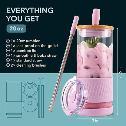 Pandaloo® Glass Cups With Lids and Straws -20 Fl Oz- Perfect Size Iced Coffee Cup - Smoothie Cup With Bamboo Lid and On the go Lid - Glass Tumbler With Straw (1 Count (Pack of 1), Lilac Rhapsody)