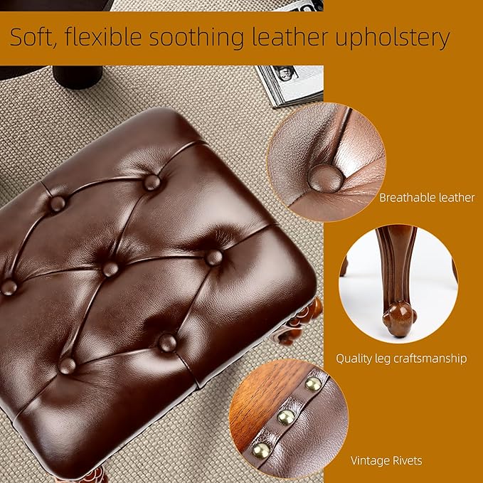 Leather Foot Stool,Vintage Footstools,Wooden Footrest,Upholstered Foot Rest for Living Room,Sofa,Entryway,Solid Wood Stool (Cherry)