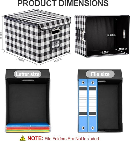 Collapsible File Box with Lid & Plastic Slide - Hanging Document Organizer for Office/Home, 14.96x12.6x10.83 Inch,Black and White Lattice, 2 Pack (No Folders Included)
