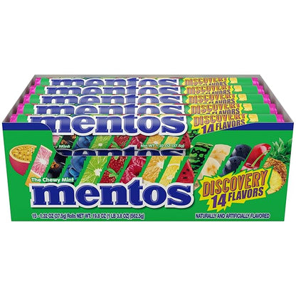 Mentos Chewy Mint Candy Roll, Holiday Candy for Christmas Stocking Stuffers for Adults & Kids Discovery, 14 Assorted Fruit Flavors, 14 Pieces Per Roll, 15 Count Showbox