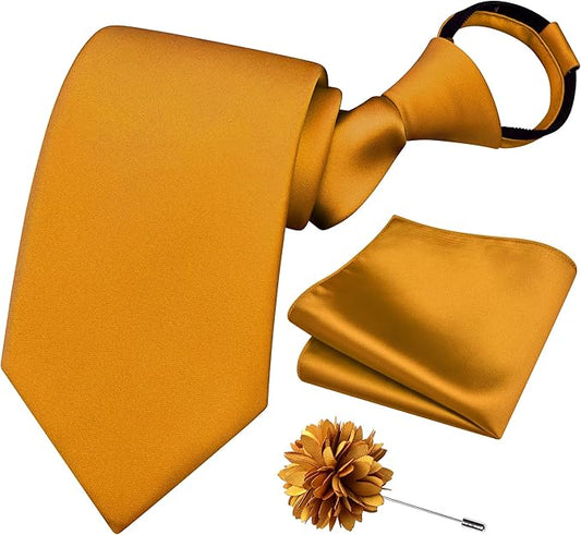 Branduce 3.15"（8cm） Pre-tied Adjustable Zipper Tie and Lapel Pin Solid Necktie Handkerchief Set for Men