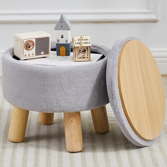 Small Foot Stool Ottoman with Storage, Faux Fur Ottoman Foot Rest for Couch, Round Footstool with Storage, Small Ottomans and Footstools for Living Room and Entryway (Gray)