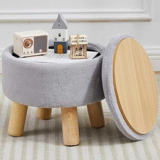 Small Foot Stool Ottoman with Storage, Faux Fur Ottoman Foot Rest for Couch, Round Footstool with Storage, Small Ottomans and Footstools for Living Room and Entryway (Gray)