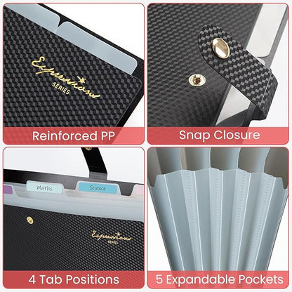 Sooez Expanding File Folder, Letter Size Accordion File Organizer, 5 Pocket Folders for Documents, Cute Folder with Labels, Portable Paper Organizer for School Office Supplies, A4 Size, Sky Blue