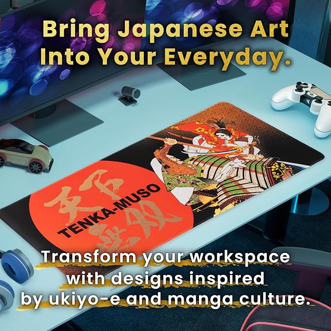 BELLEMOND Japanese Art Desk Mat | Large 31.5x11.8in Desk Pad | Mouse Pad for Keyboard & Mouse | Non-Slip Base, Water-Repellent, Smooth Precision | Tenka Muso - The Unrivaled Warrior