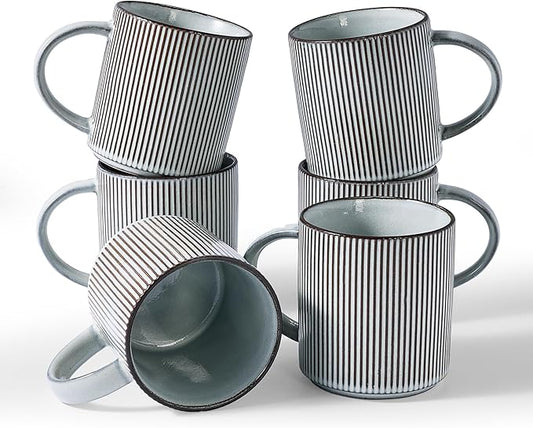 famiware Coffee Mug Set for 6, Star 16 oz Catering Mugs Cup Set with Handle for Coffee, Tea, Cocoa, Milk - Ceramic Stoneware Drinkware Set, Smoky Blue