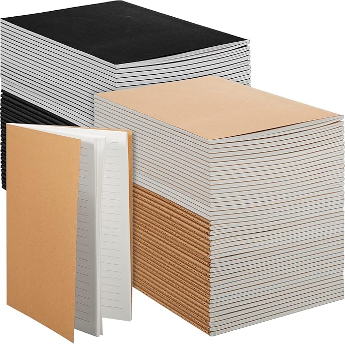 Mimorou 100 Pcs Kraft Notebook Journals 5.5 Inch x 8.3 Inch A5 Softcover Notebooks Bulk for Writing Sketch Office Notepad with 60 Pages 30 Sheets (Multicolor,Lined)(Black, Brown,Lined)