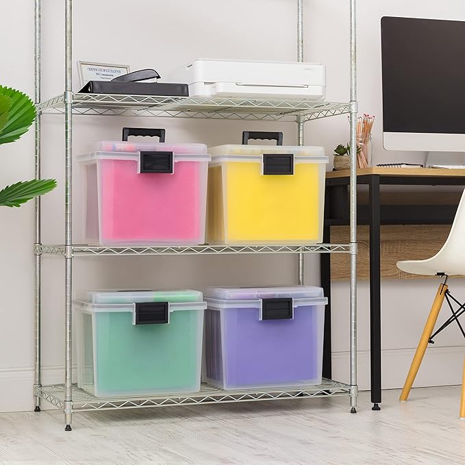 IRIS USA File Box WeatherPro Portable File Organizer Plastic File Box for Letter File w/Organizer-Lid, Durable Lid and Gasket Seal, Secure Latching Buckles, Stackable, Lockable, Clear 19 Qt. 4 Pack