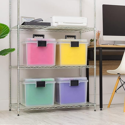 IRIS USA File Box WeatherPro Portable File Organizer Plastic File Box for Letter File w/Organizer-Lid, Durable Lid and Gasket Seal, Secure Latching Buckles, Stackable, Lockable, Clear 19 Qt. 4 Pack