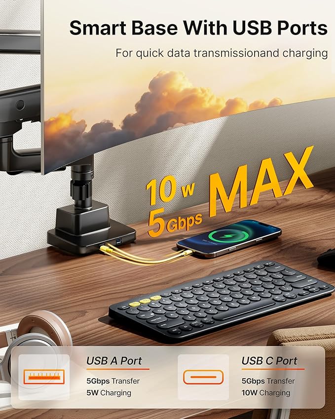 monTEK Sleek Aluminum Monitor Arm for 17–57” Ultrawide Screens up to 59 lbs, USB 3.0 A/C, Heavy Duty Dual Monitor Arm Desk Mount, Pneumatic Lift, Quick-Release Plate, Clamp/Grommet, Max VESA 100x100
