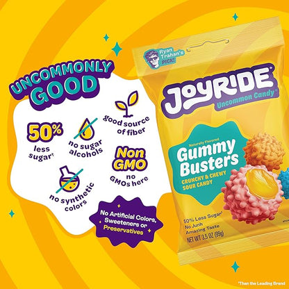 JOYRIDE Innovative Variety 6 Pack - Gummy Busters, Sour Smacks, Sour Worms, Low Calorie Gummy Candy, Low Sugar, Dye Free (6 Items)