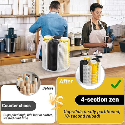 4-Compartment Rotating Paper Cup Holder & Coffee Cup Lid Storage Dispenser, Plastic Cup Dispenser Removable, Space-Saving Countertop Cup Holder for Coffee Bars, Kitchens (White)