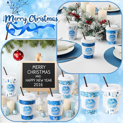 Lallisa 100 Sets Christmas Disposable Coffee Paper Cups Bulk with Lids Sleeves & Straws, 12 oz Xmas Blue and White Snowflakes Coffee Cups for Hot Cold Cocoa Tea Holiday Party Supplies