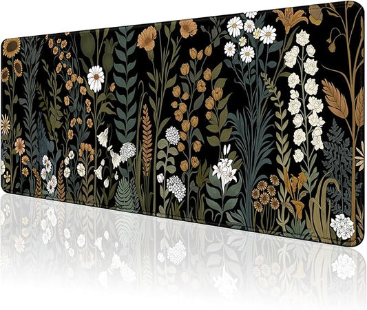 Gaming Mouse Pad for Computer,Large Mouse Pads for Desk Keyboard Cute Flower Desk Mat Laptop,Dark Green Plant Pattern Art XXL Waterproof Keyboard Pad,Extended Big Non-Slip Rubber Mousepad