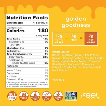 Feel Vegan Protein Bars | Golden Goodness | Keto | Gluten Free | Organic | Turmeric | 15g Protein | Low Carb | Dairy Free | Grain Free | Nut Free | Soy Free | Non GMO - 10 Pack