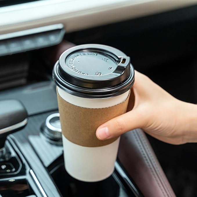 RACETOP 16 oz [100 pack] Coffee Cups with Lids and Kraft Sleeves, Disposable Paper Coffee Cups, Hot Coffee cups, Ideal for Hot Beverage