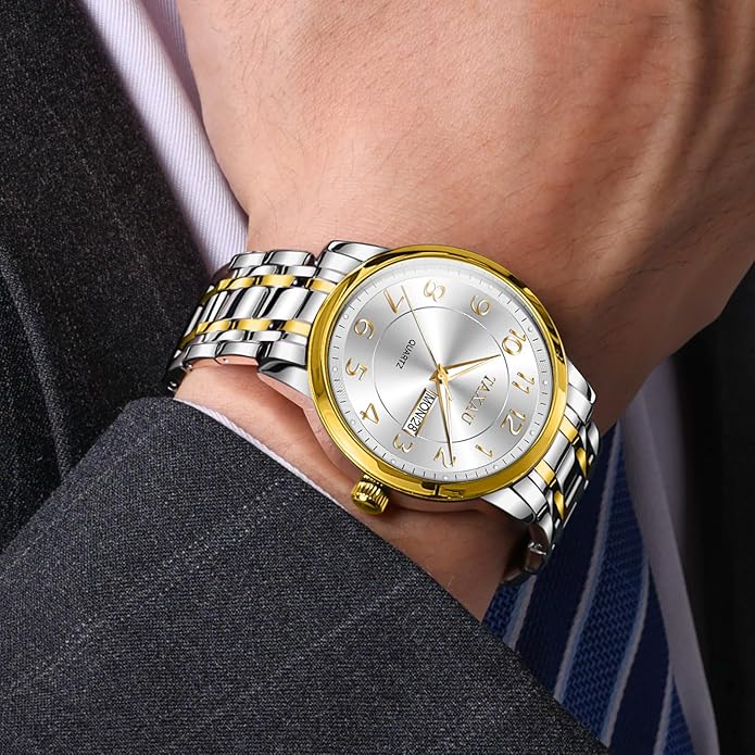 Stainless Steel Mens Watches with Day Date Quartz Analog Large Face Classic Watch Arabic Numerals Dress Luminous Rlojes para Hombres