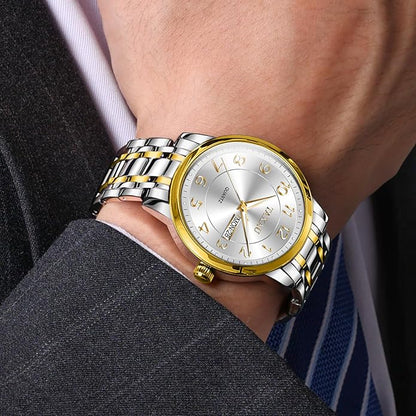 Stainless Steel Mens Watches with Day Date Quartz Analog Large Face Classic Watch Arabic Numerals Dress Luminous Rlojes para Hombres