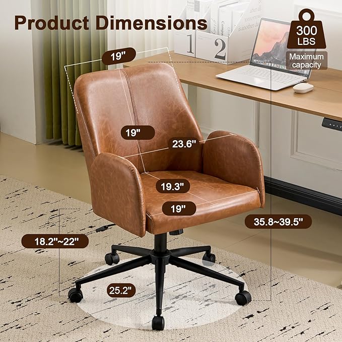 Furniliving Home Office Desk Chair, Ergonomic Leather Office Chair with Wheels, Comfortable Rolling Task Chair Adjustable Height, Brown