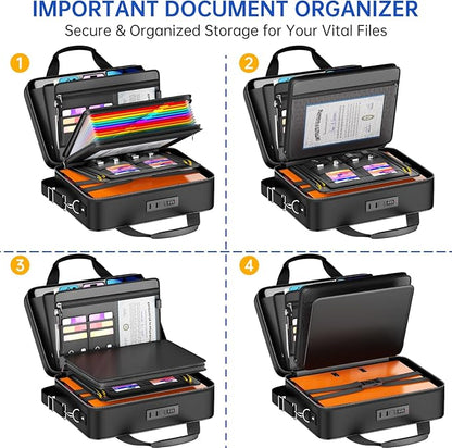 5200℉ Fireproof Document Box with Lock, Hard-Shell Case File Organizer with 24 Pocket Accordion File Folder, Portable Safe Box with Shoulder Strap for Home Important Documents Laptop Black