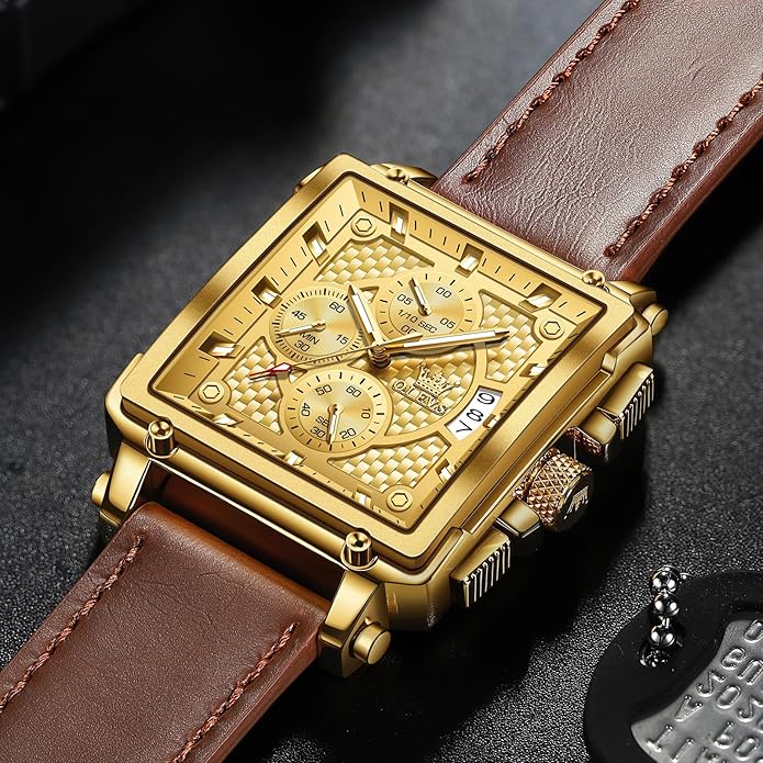 OLEVS Men's Chronograph Leather Watch, Big Face Easy to Read Analog Quartz Dress Watch, Casual Waterproof Luminous Hands Date Watches for Men, White/Blue/Black/Gold Dial