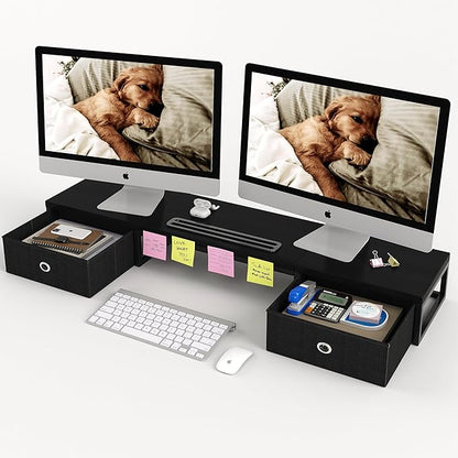 Dual Monitor Stand Riser with 2 Drawers - 39Inch Large Storage Computer Monitor Stands for 2 Monitors, Wooden Desktop Organizer Perfect for Home Office Desk, Computer, Laptop, TV, Black