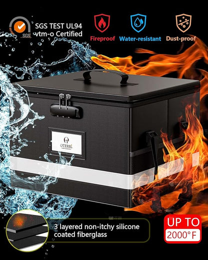 Oterri Large 2 Pack Fireproof Document Box With Lock, Portable File Safe Box Fireproof Waterproof For Hanging Letter&Legal Folders, Office Storage for Important Documents (Black)