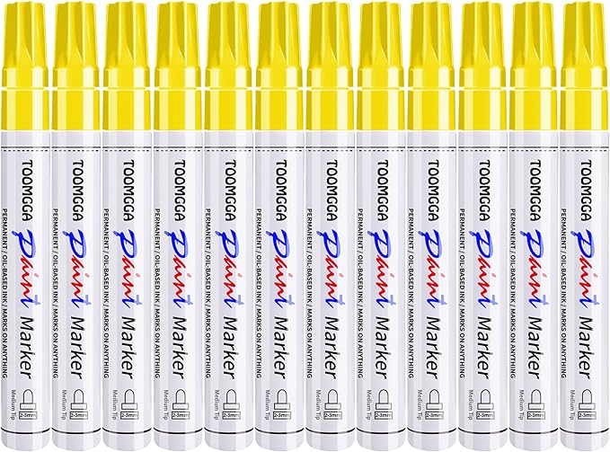 Yellow Permanent Paint Pens Paint Markers - 12 Pack Oil Based Markers, Quick Drying and Waterproof Marker Pen, Car Tire, Metal, Rock Painting, Wood, Ceramic, Plastic, Canvas, Mugs, Medium Tip