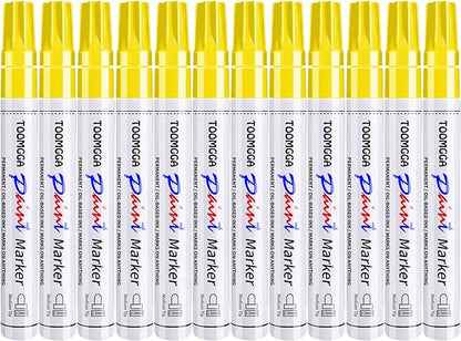 Yellow Permanent Paint Pens Paint Markers - 12 Pack Oil Based Markers, Quick Drying and Waterproof Marker Pen, Car Tire, Metal, Rock Painting, Wood, Ceramic, Plastic, Canvas, Mugs, Medium Tip