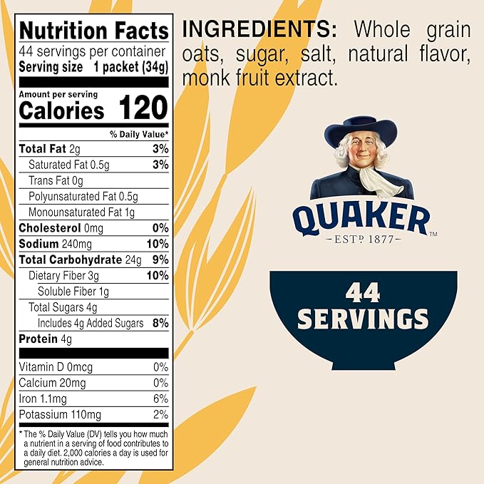 Quaker Instant Oatmeal Lower Sugar, Maple & Brown Sugar, 1.19 Oz, Pack of 44
