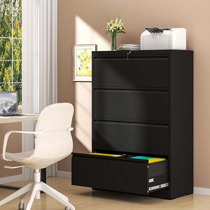 File Cabinet with Lock, 4 Drawer Lateral Filing Cabinet for Home Office, Black Metal Heavy Duty File Cabinets for Hanging Letter/Legal/F4/A4 Size Files, Assembly Required