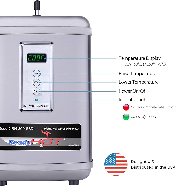 Ready Hot 41-RH-300-F560-BN Instant Hot Water Dispenser System, 2.5 Quarts, Digital Display Dual Lever Hot and Cold Water Faucet Brushed Nickel