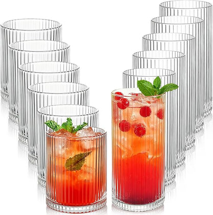 Ribbed Drinking Glasses 12pcs, 12oz and 10oz Glassware, Tumbler Glasses Cup Set for Wedding, Party, Christmas Gift, Clear