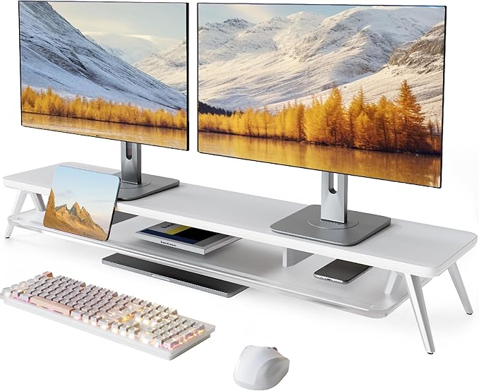 Fenge Dual Monitor Stand for Desk, 2 Tiers Monitor Riser with Acrylic Shelf, 42.5 Inch Wood and Aluminum Desk Shelf with Phone and Tablet Holder