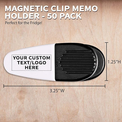 50 Magnetic Memo Holders Set - Customizable Text, Logo - Large Clip, Plastic - White Black