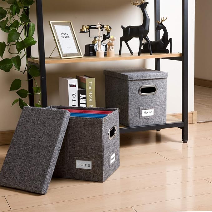 PRANDOM File Organizer Box - Set of 4 Collapsible Decorative Linen Filing Storage Hanging File Folders with Lids Office Cabinet Letter Size Grey (14x9.3x10.8 inch)