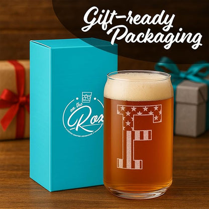 Monogram Beer Glasses for Men (A-Z) 16 oz - Beer Gifts for Men Brother Son Dad Neighbor - Unique Gifts for Him - Personalized Drinking Gift Beer Glass Mugs - Engraved Beer Can Glass (F)