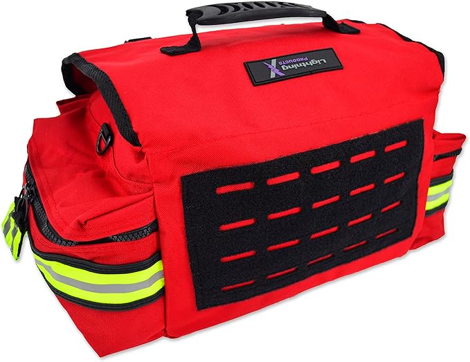 Lightning X Personalized First Responder EMT EMS Trauma Bag w/Stocked First Aid Fill Kit B & Custom Embroidered Name Patch (Red)
