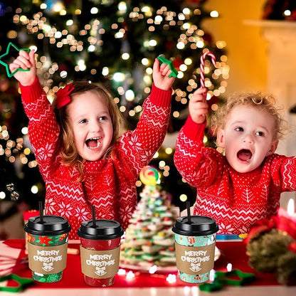 Lallisa 100 Sets Christmas Disposable Coffee Paper Cups Bulk with Lids Sleeves & Straws, 12 oz Red and Greenxmas Snowman Coffee Cups for Hot Cocoa Cold Tea Holiday Party Supplies